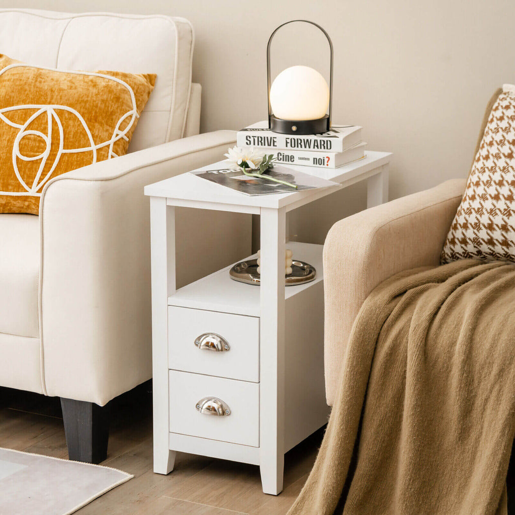 End Table Wooden with 2 Drawers and Shelf Bedside Table
