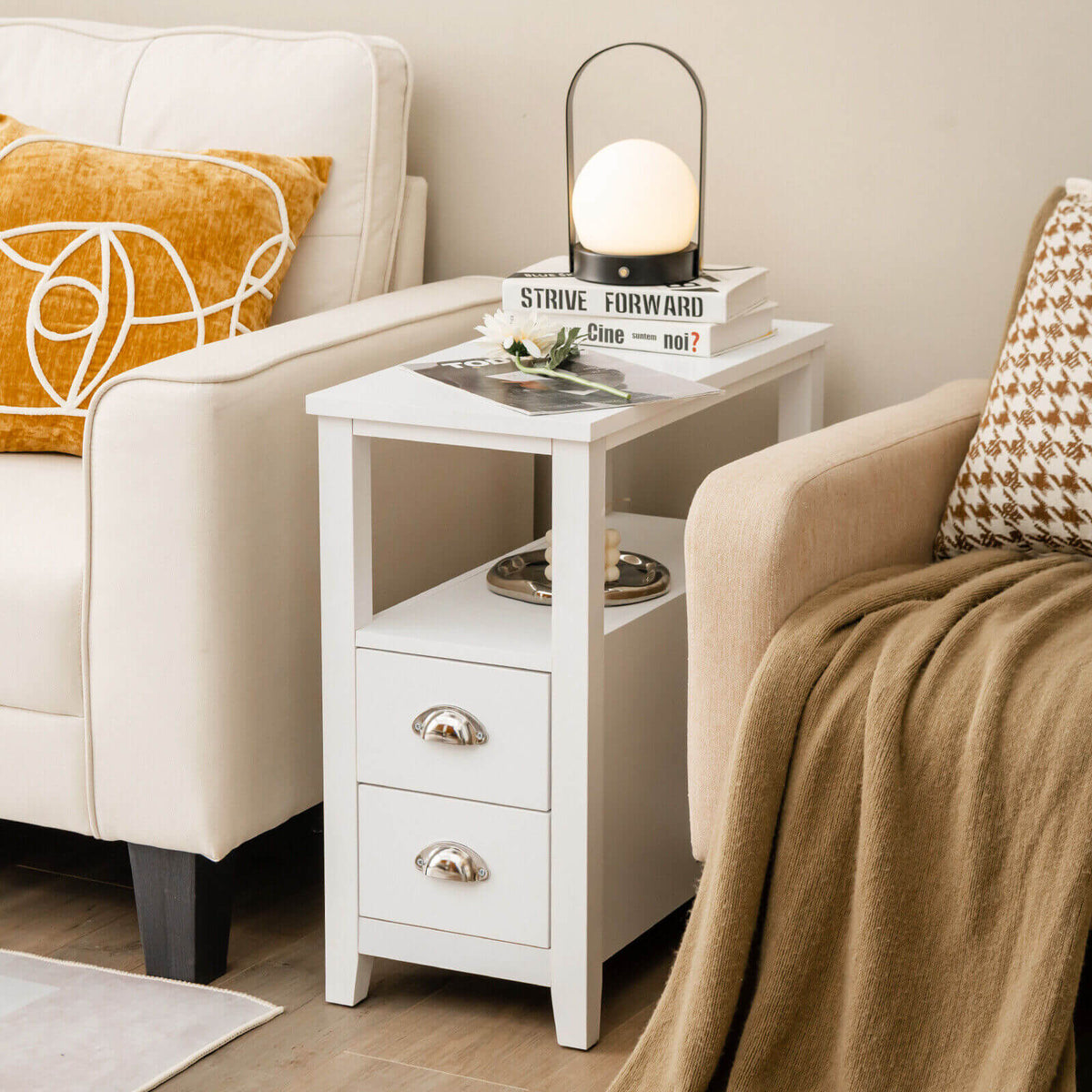 End Table Wooden with 2 Drawers and Shelf Bedside Table