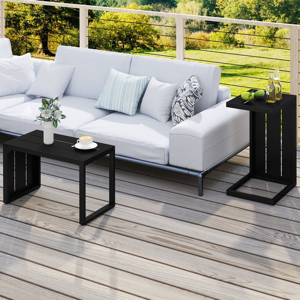 Set of 2 C-Shaped End Table with Adjustable Foot Pads for Indoors Outdoors-Black