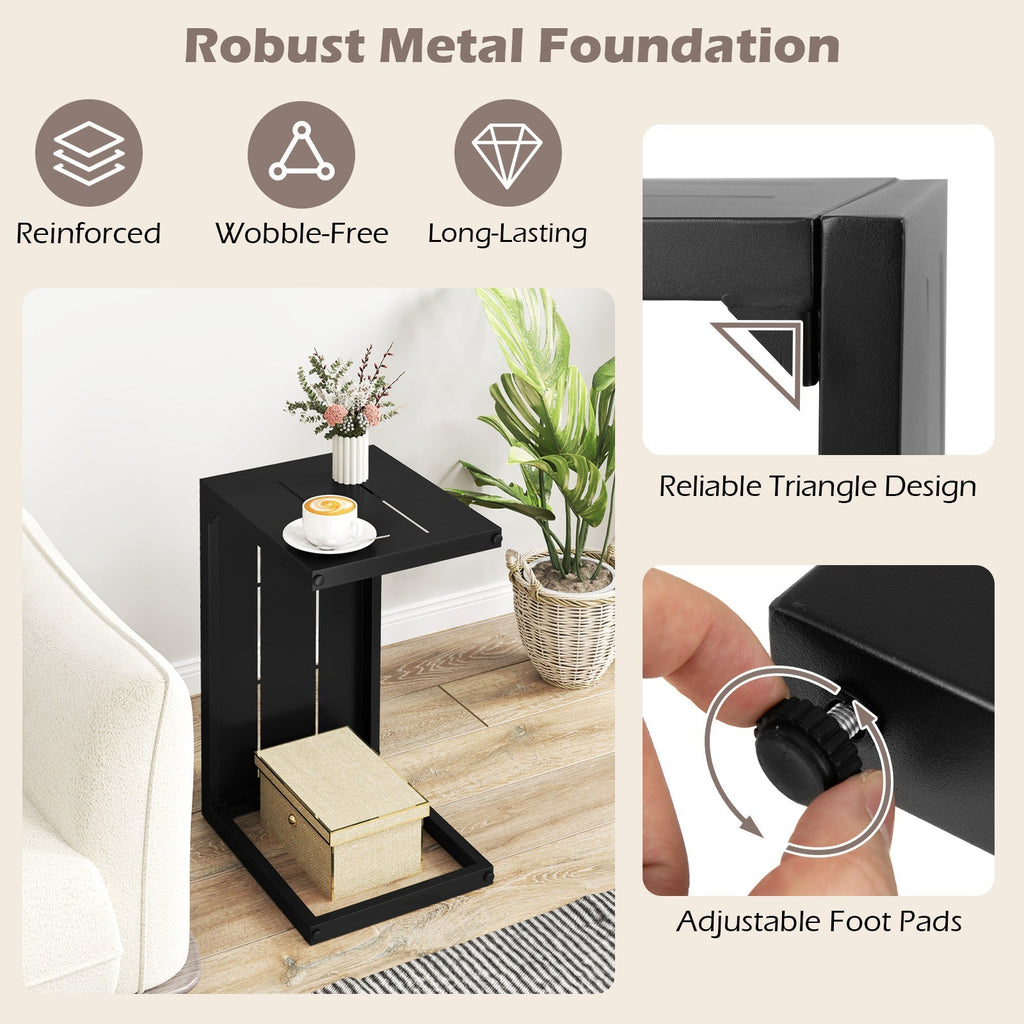 Set of 2 C-Shaped End Table with Adjustable Foot Pads for Indoors Outdoors-Black