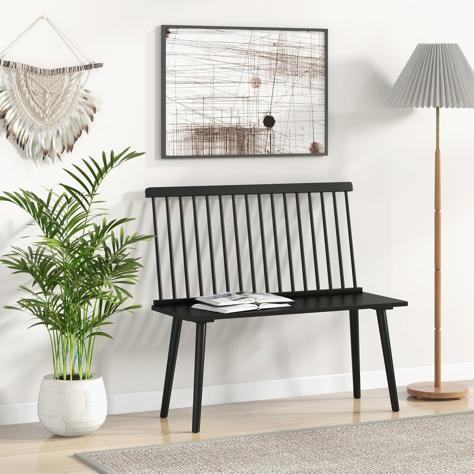 Entryway Bench for 2 with Spindle Back for Kitchen Dining Room Hallway