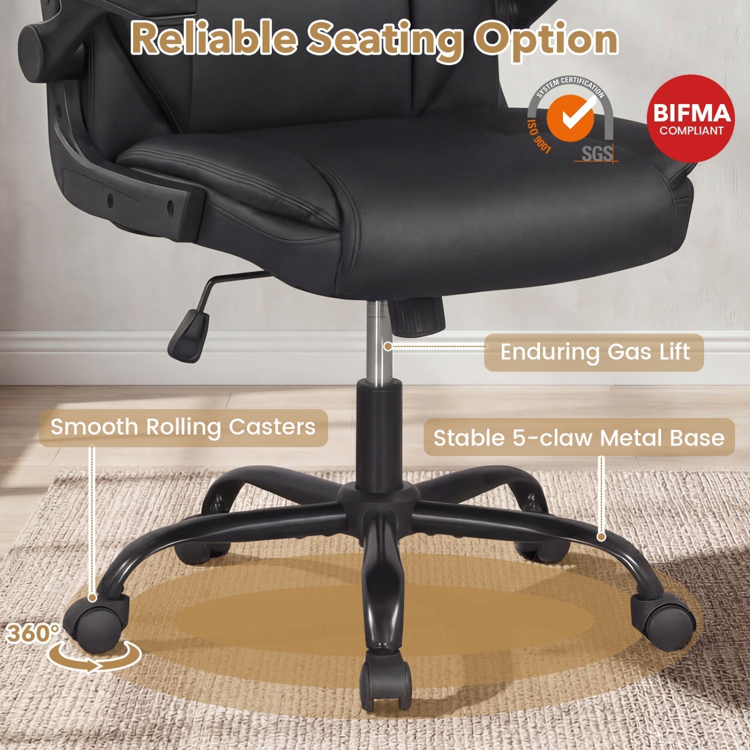 Ergonomic Leather Office Chair with Flip-up Armrests and Rocking Function