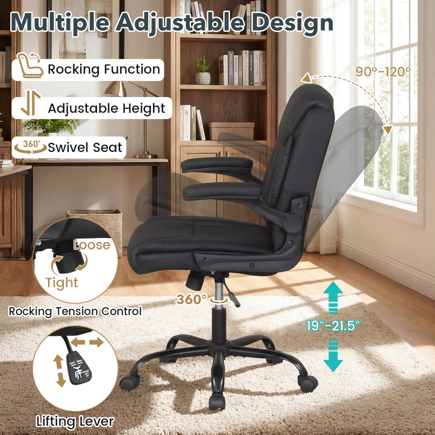Ergonomic Leather Office Chair with Flip-up Armrests and Rocking Function