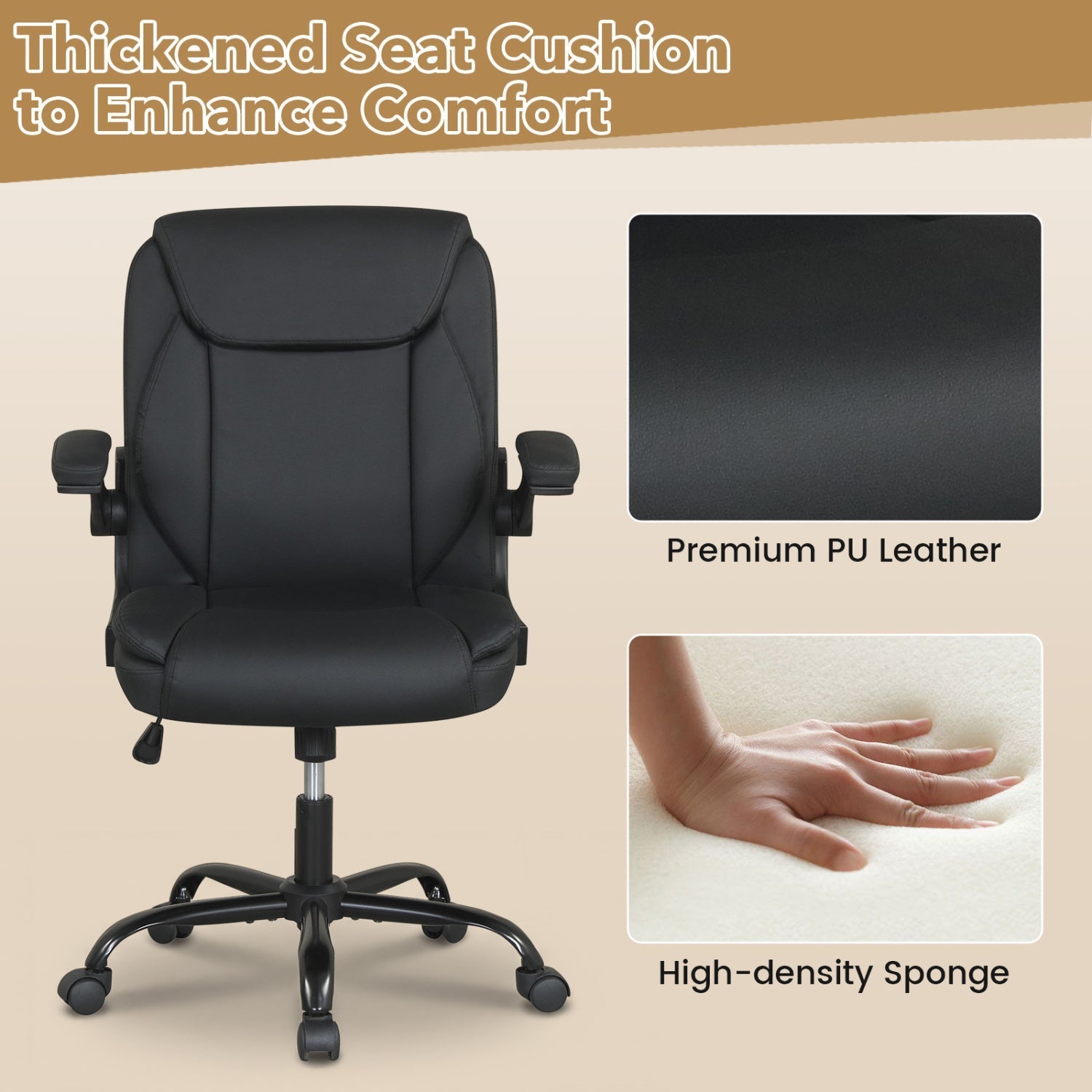 Ergonomic Leather Office Chair with Flip-up Armrests and Rocking Function