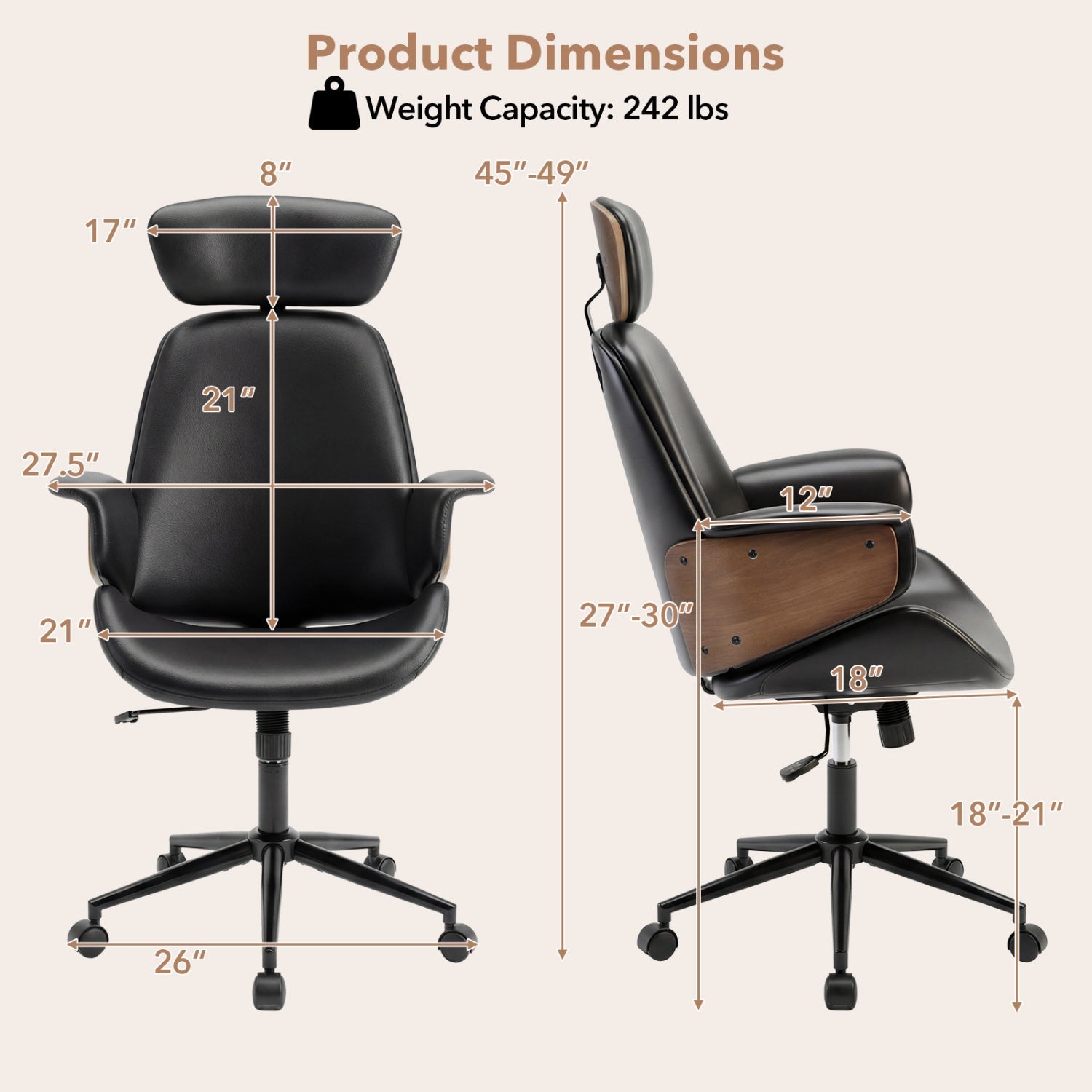 Ergonomic Office Chair with Headrest Adjustable Height for Home Office and Study