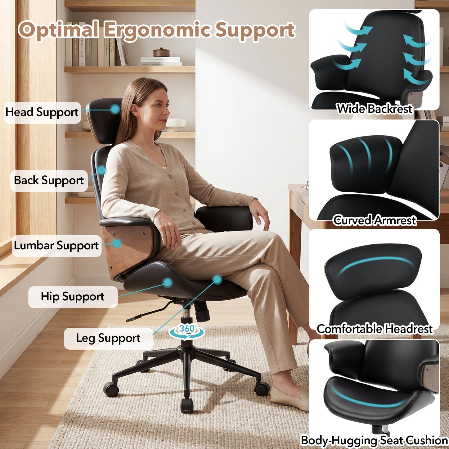 Ergonomic Office Chair with Headrest Adjustable Height for Home Office and Study