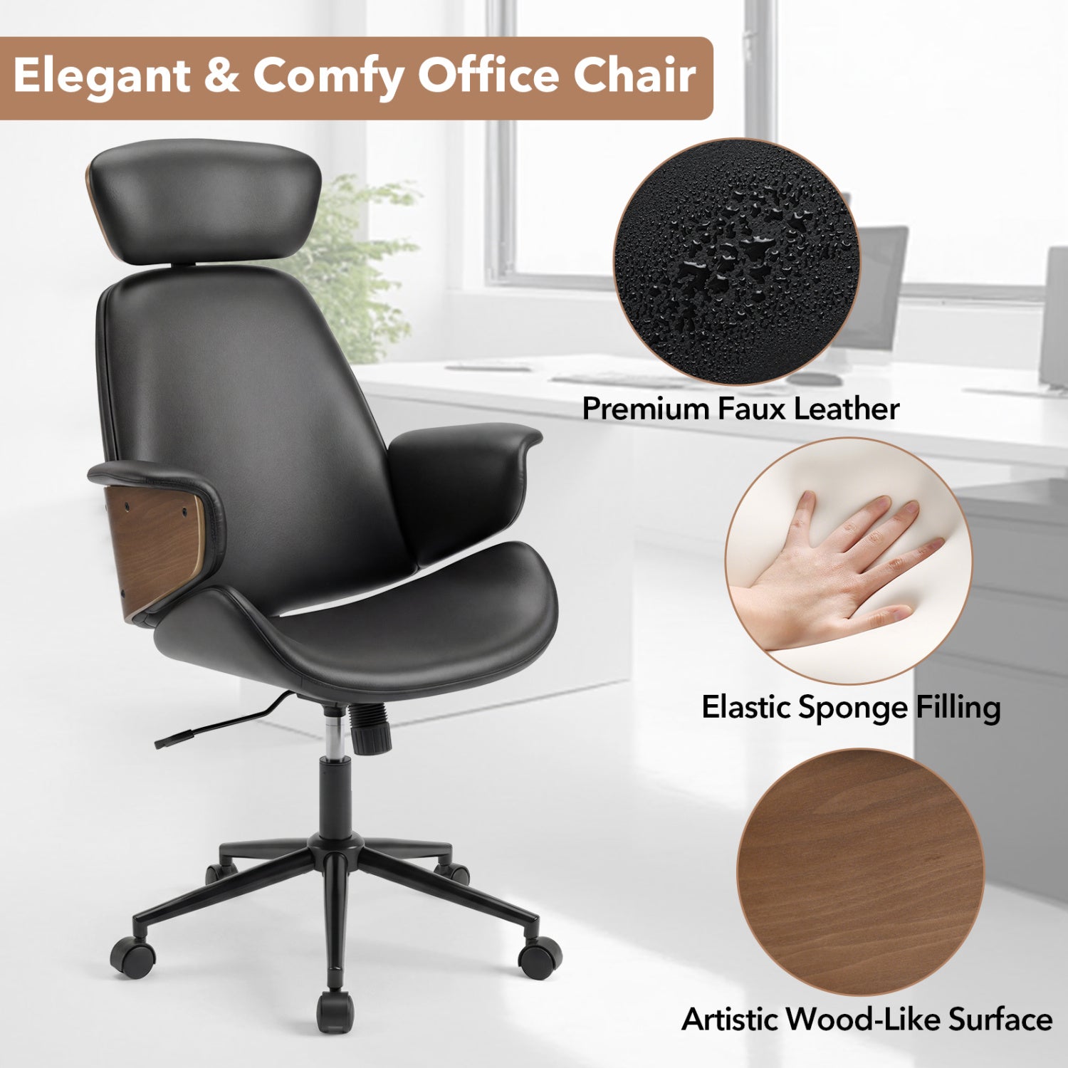 Ergonomic Office Chair with Headrest Adjustable Height for Home Office and Study