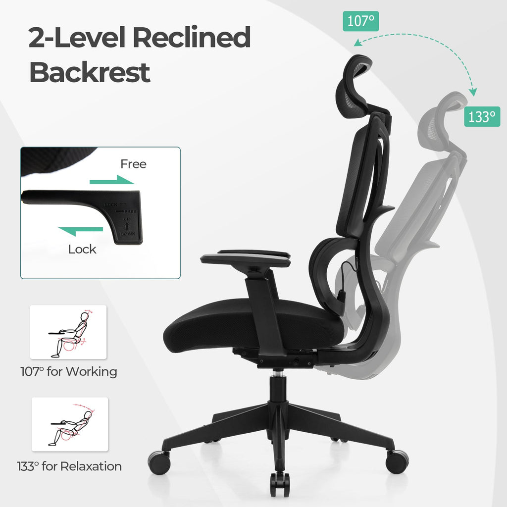 Ergonomic Office Chair with N Type Lumbar Support and Adjustable Headrest-Black