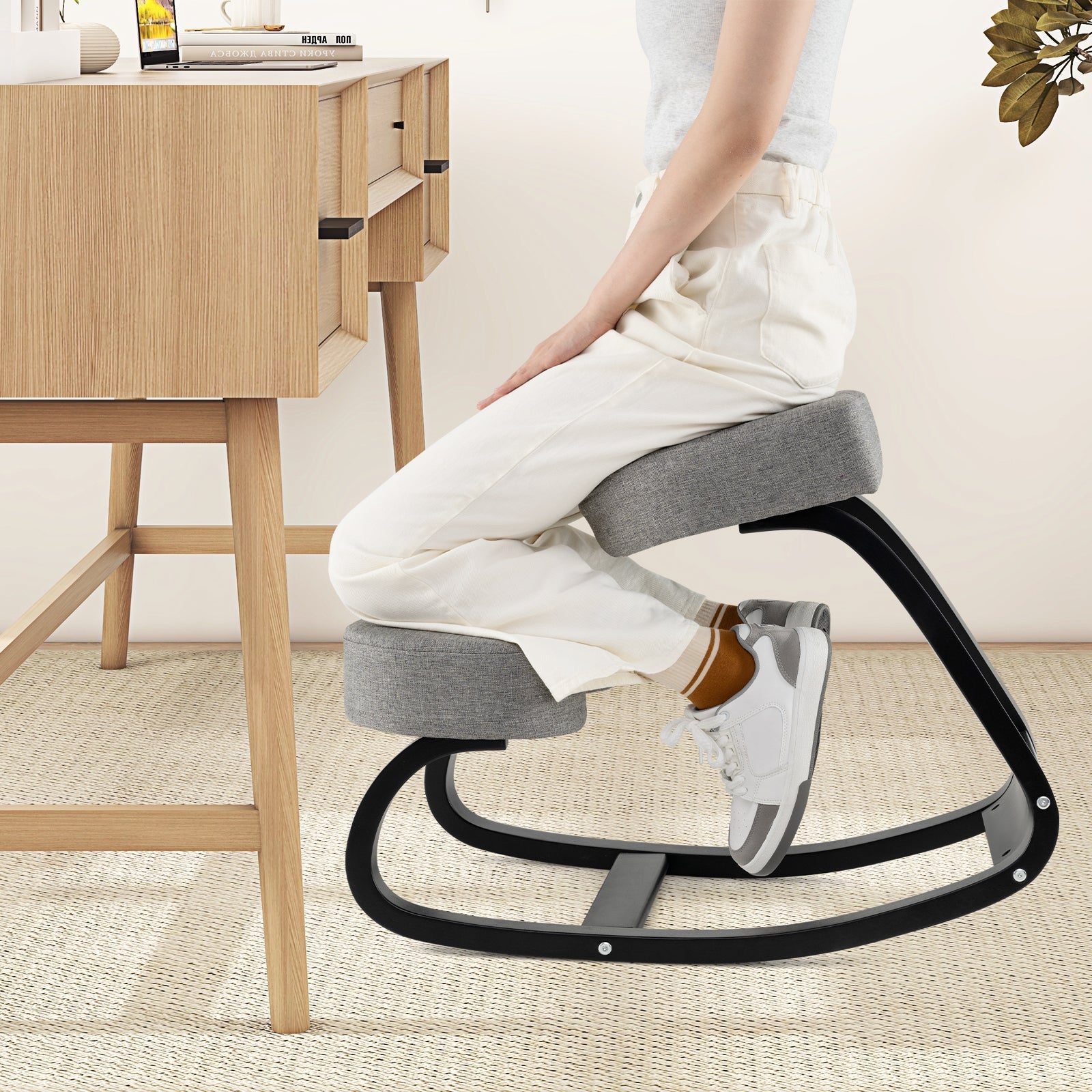 Wooden Ergonomic Backless Rocking Kneeling Chair with Padded Cushion-Gray