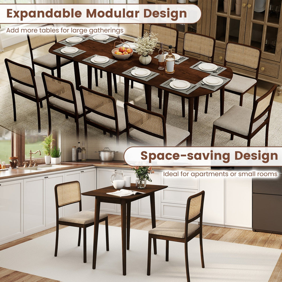 Extendable Oval Dining Table Set with 2 Half-Round Tables for 4-6 People