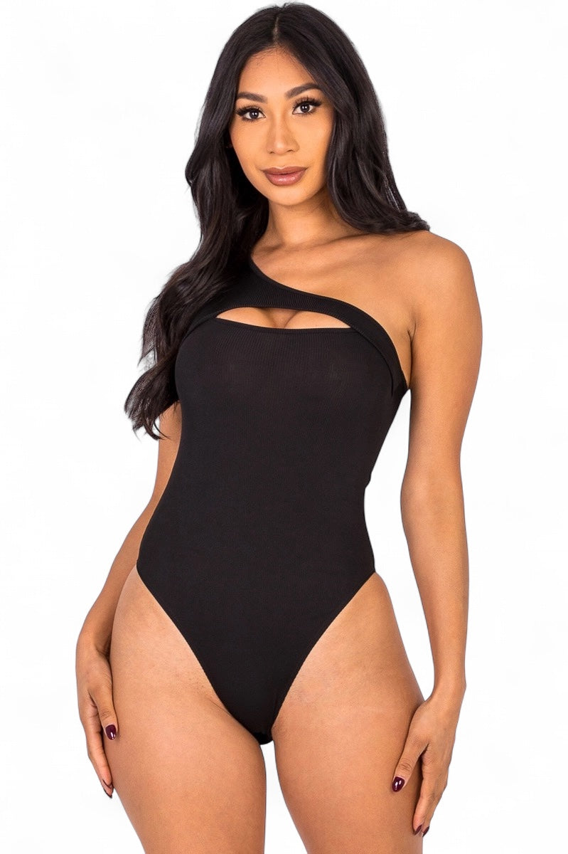 Ribbed Knit Cut Out One Shoulder Bodysuit {BT3932}