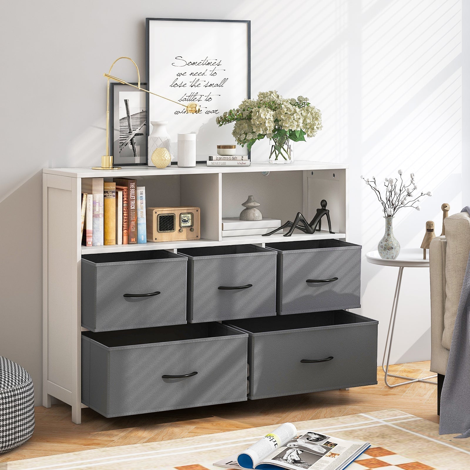 Fabric Dresser with 5 Drawers for Bedroom-White