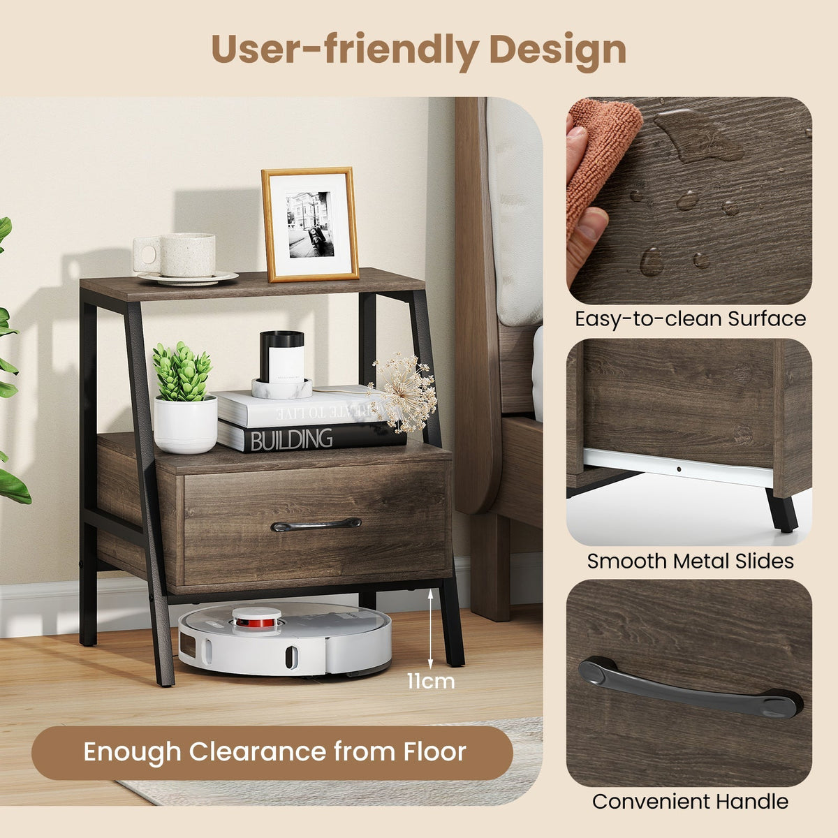 3-Tier Farmhouse Nightstand with Open Shelf