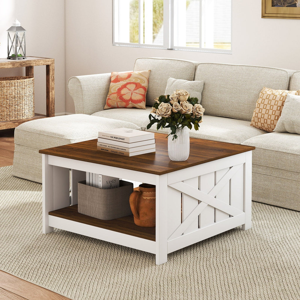 Farmhouse Coffee Table 31 Inch Square Coffee Table with Storage Shelf-White