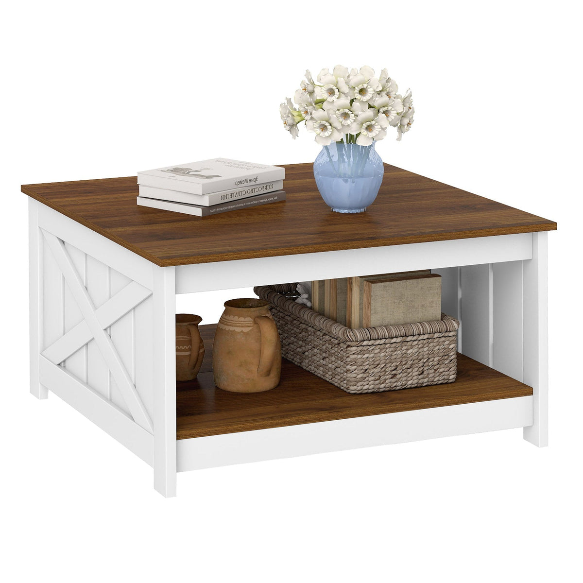 Farmhouse Coffee Table 31 Inch Square Coffee Table with Storage Shelf-White