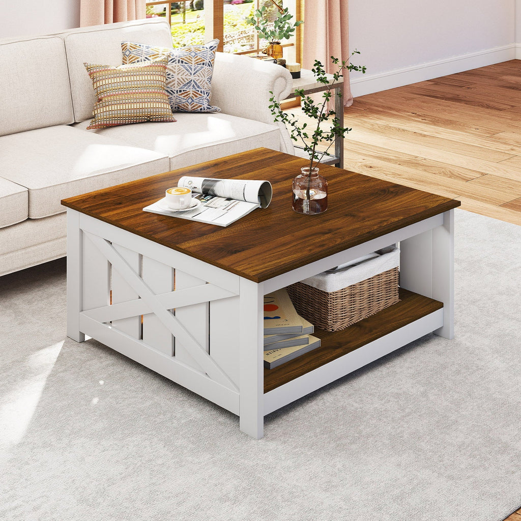 Farmhouse Coffee Table 31 Inch Square Coffee Table with Storage Shelf-White