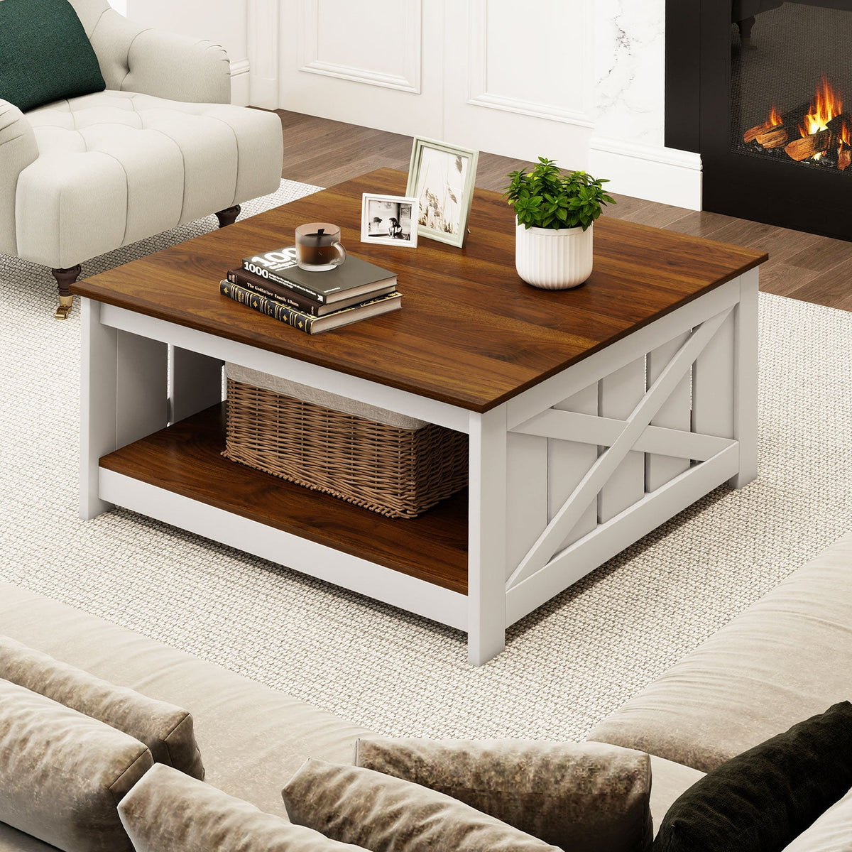 Farmhouse Coffee Table 31 Inch Square Coffee Table with Storage Shelf-White