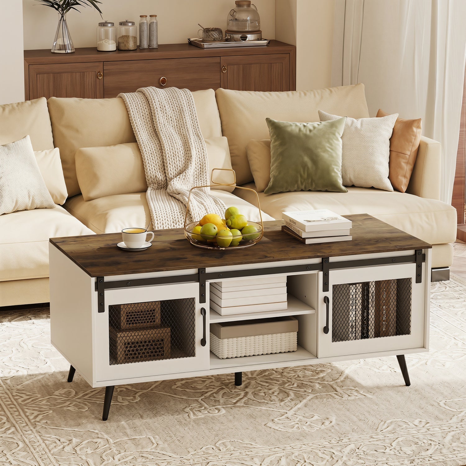 Farmhouse Coffee Table with Sliding Doors and Adjustable Shelf