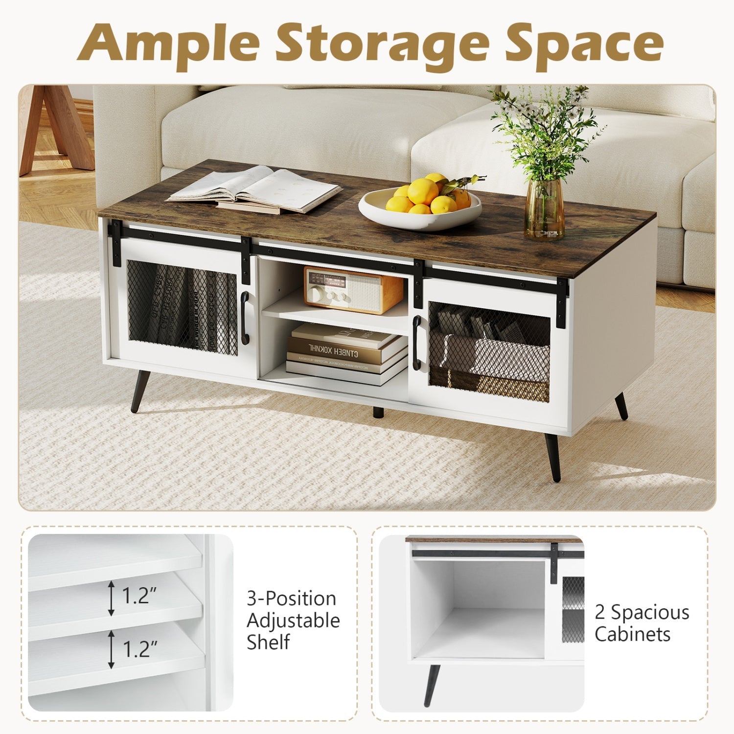Farmhouse Coffee Table with Sliding Doors and Adjustable Shelf