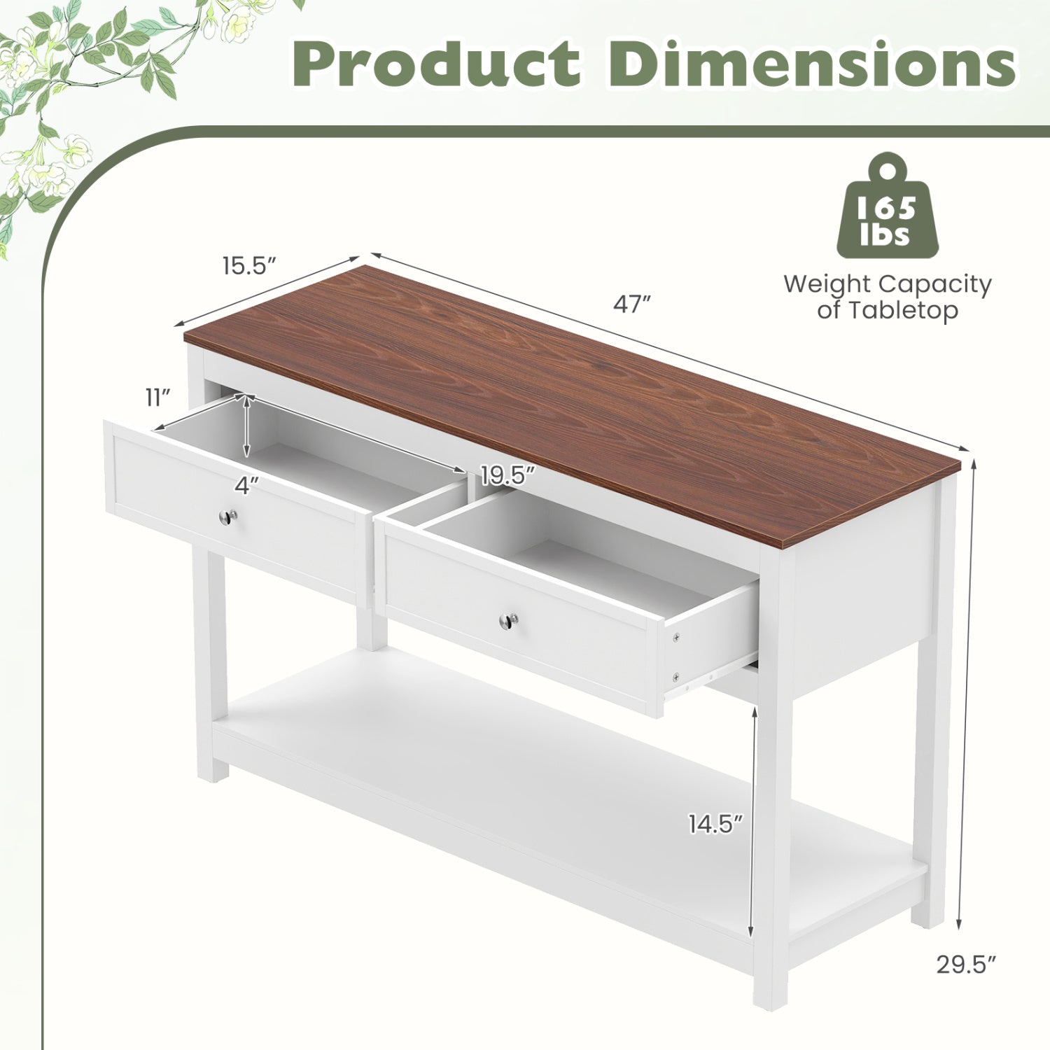 Console Table with 2 Drawers and Open Storage Shelf