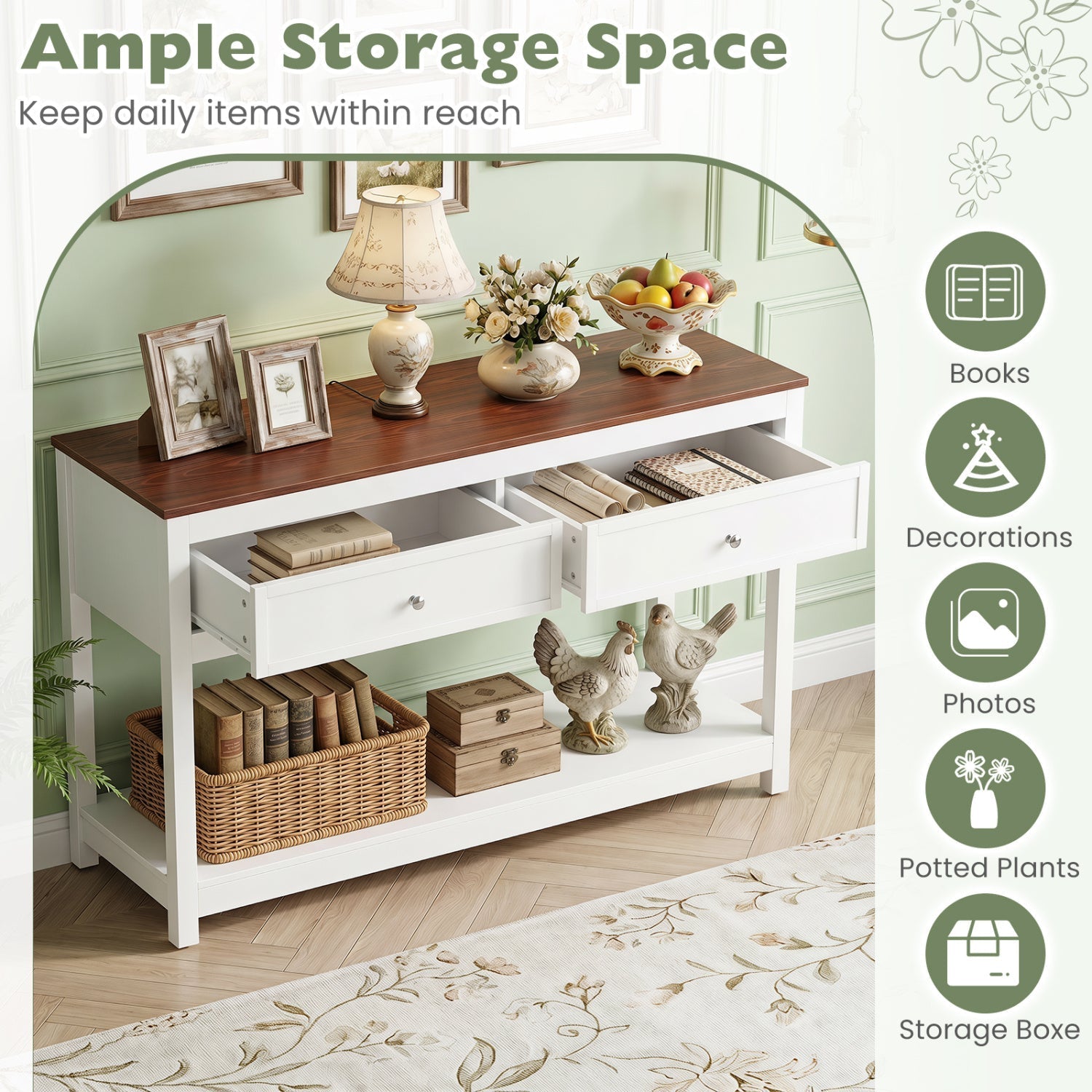 Console Table with 2 Drawers and Open Storage Shelf