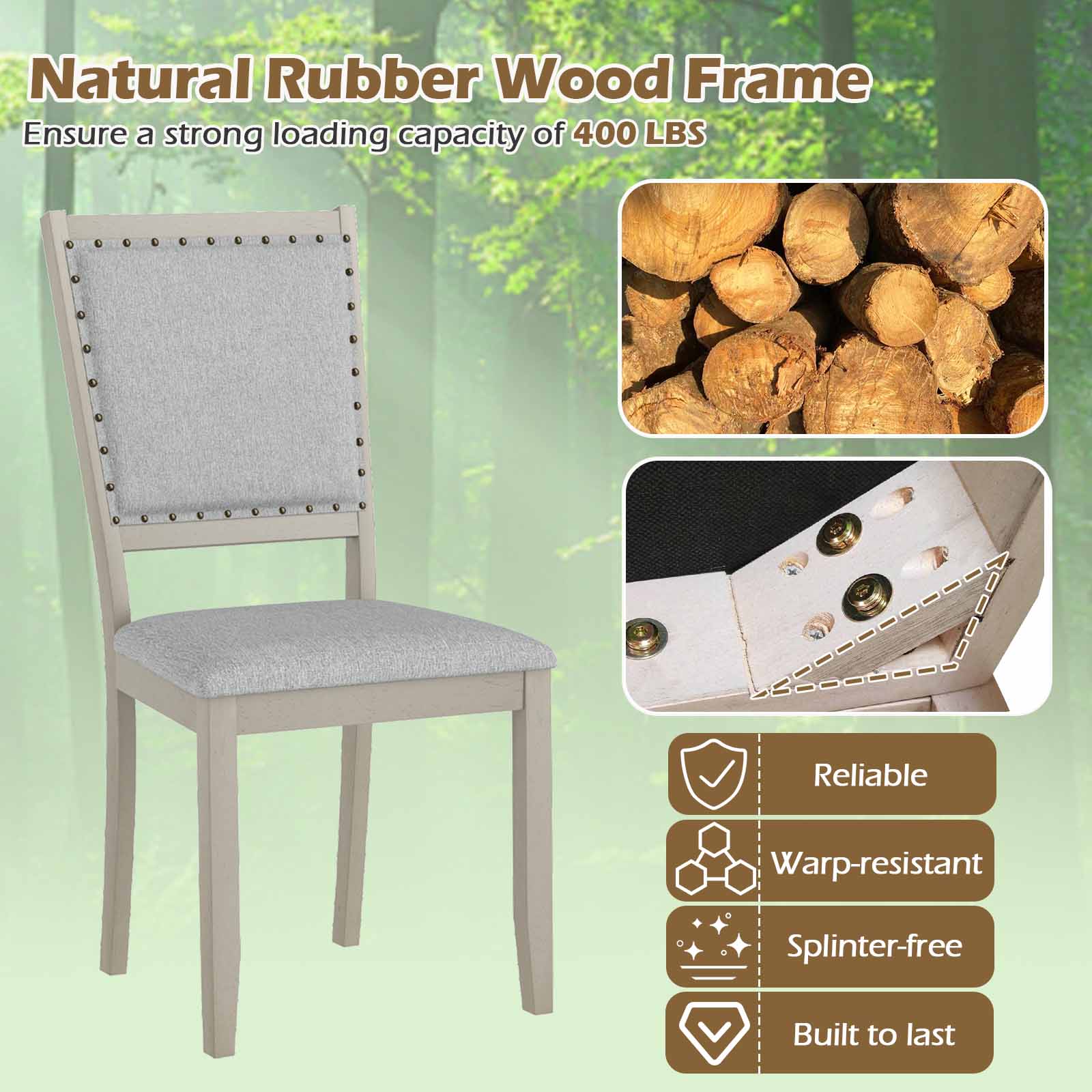 Farmhouse Dining Chair Set of 2 Fabric Upholstered Kitchen Chairs-Grey