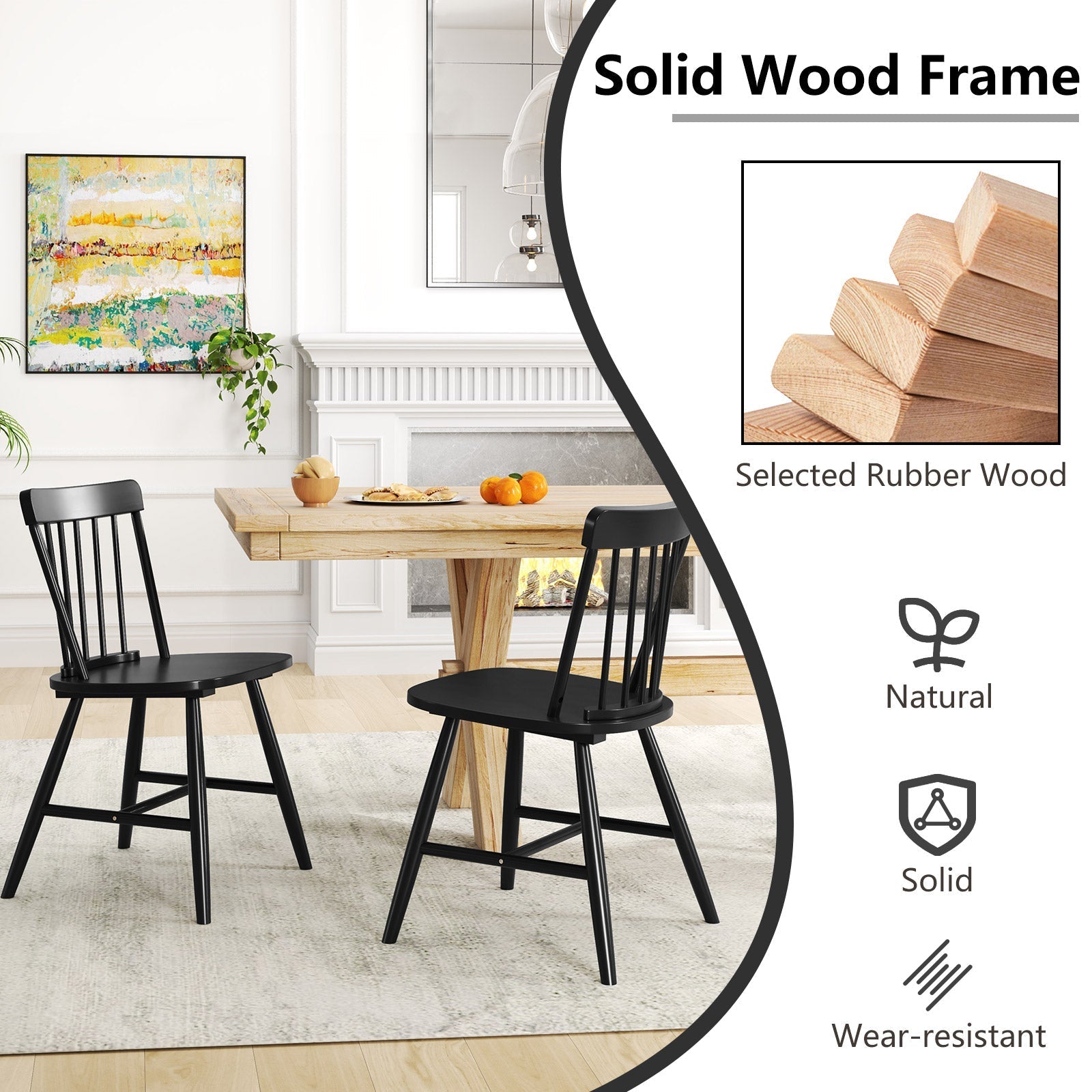 Farmhouse Kitchen Chair Set of 2 with Rubber Wood Frame