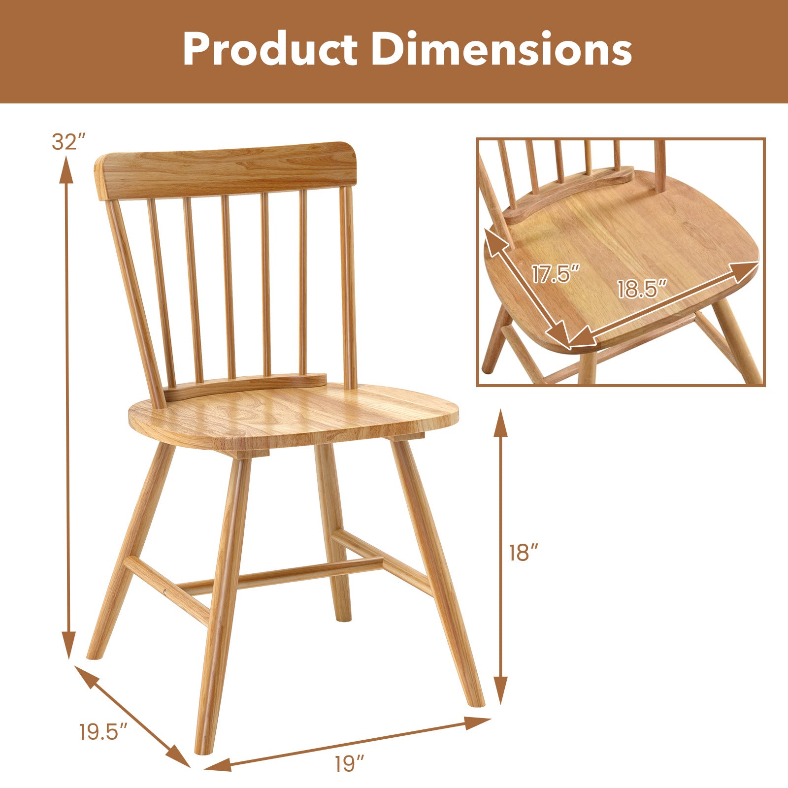 Farmhouse Kitchen Chair Set of 2 with Rubber Wood Frame