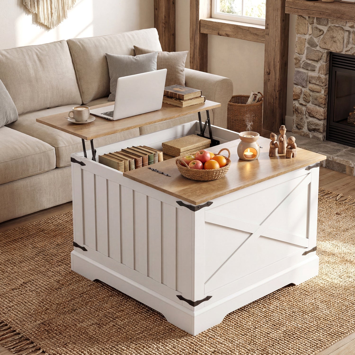 Farmhouse Lift Top Coffee Table with Hidden Storage Compartment