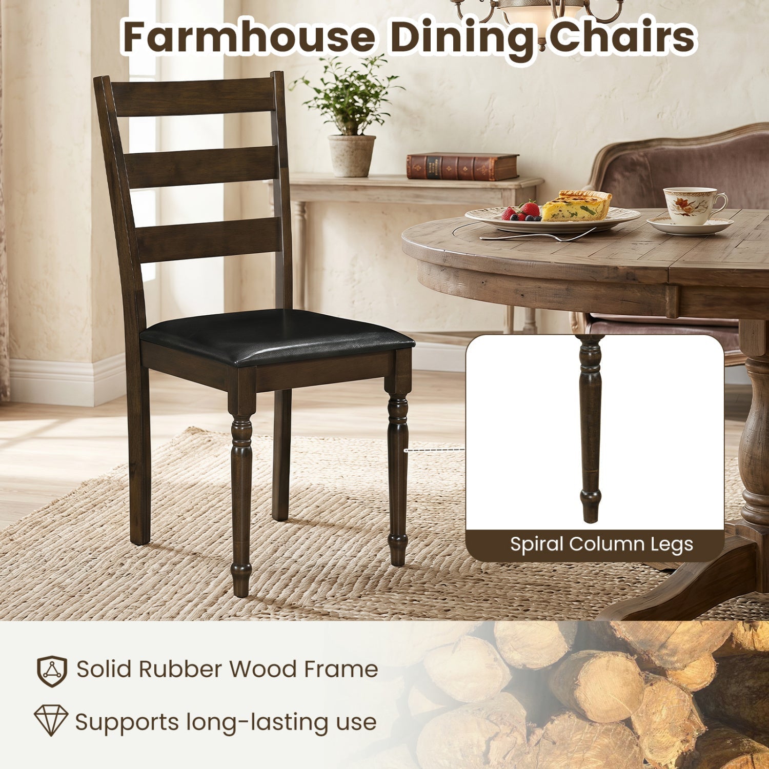 Upholstered Dining Chairs Set of 2 - Farmhouse Ladder Back