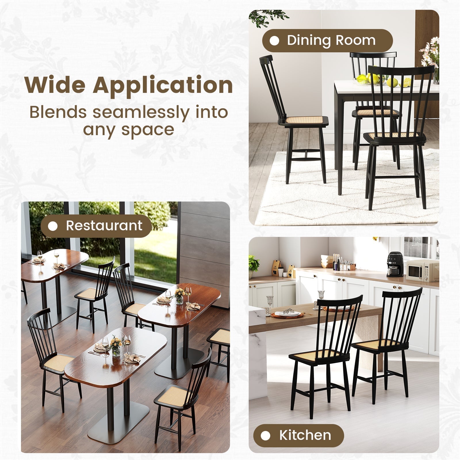 Farmhouse Solid Rubber Wood Dining Chairs Set of 2 with PE Rattan Seats-Black