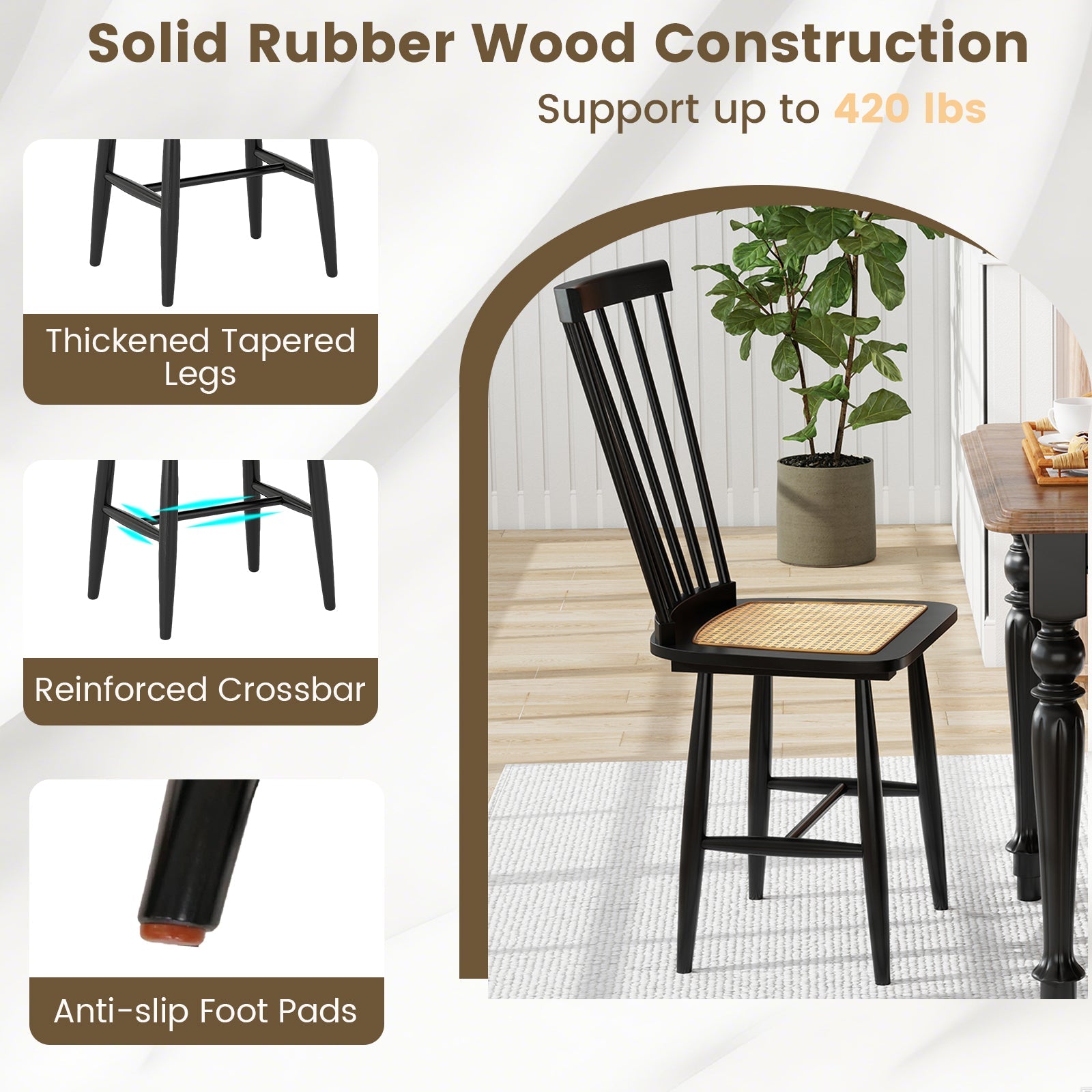 Farmhouse Solid Rubber Wood Dining Chairs Set of 2 with PE Rattan Seats-Black