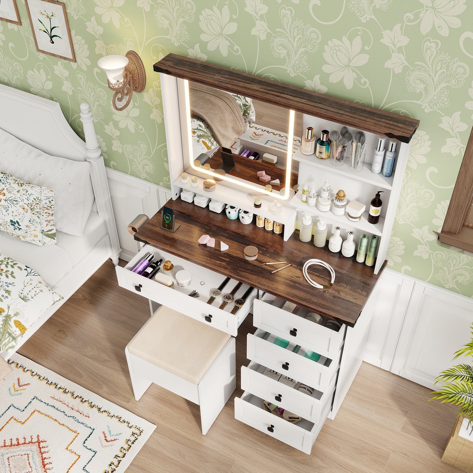 Farmhouse Vanity Set with Mirror and 3-Color Lighting-White