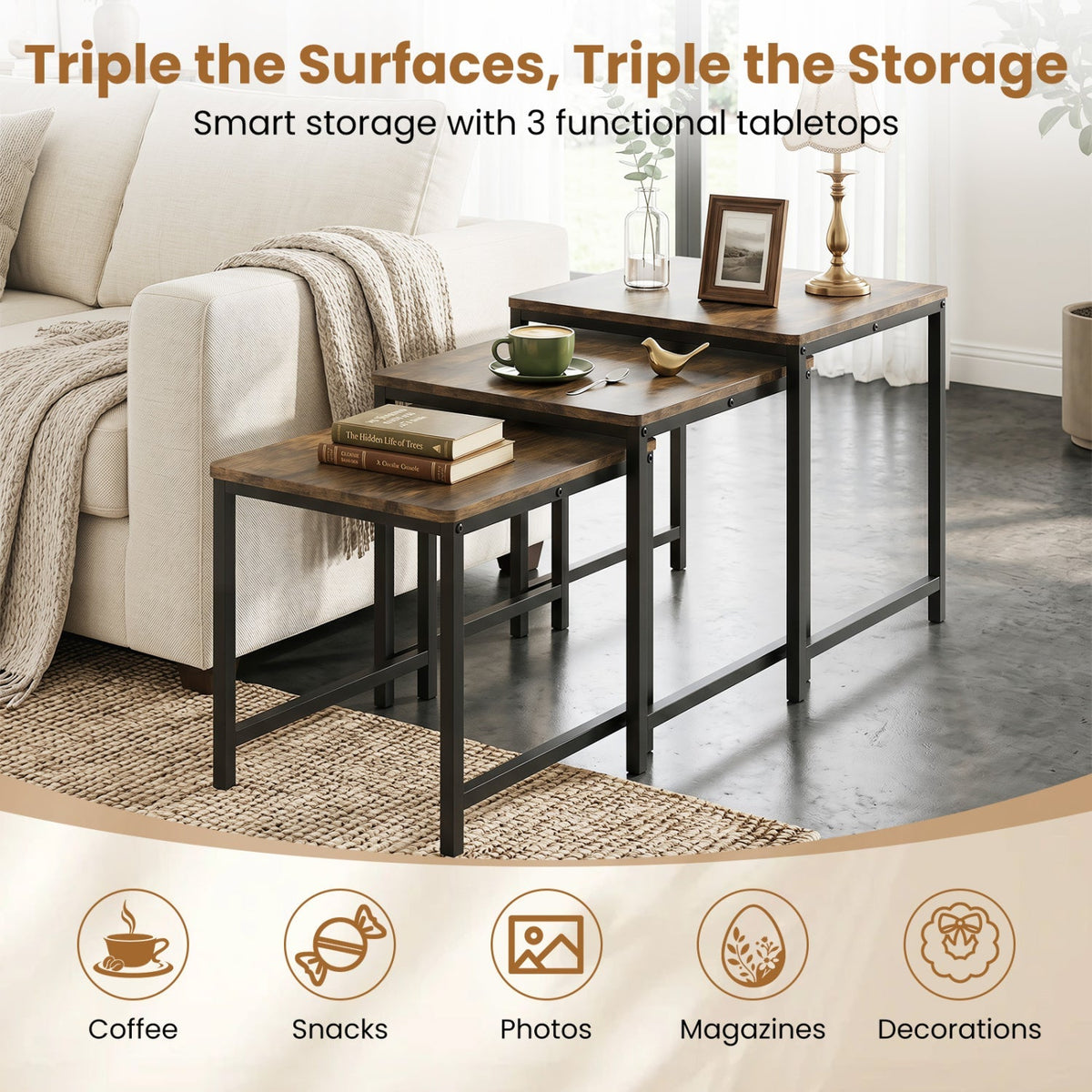 Nesting Tables Set of 3 with Faux Marble Top and Metal Frame