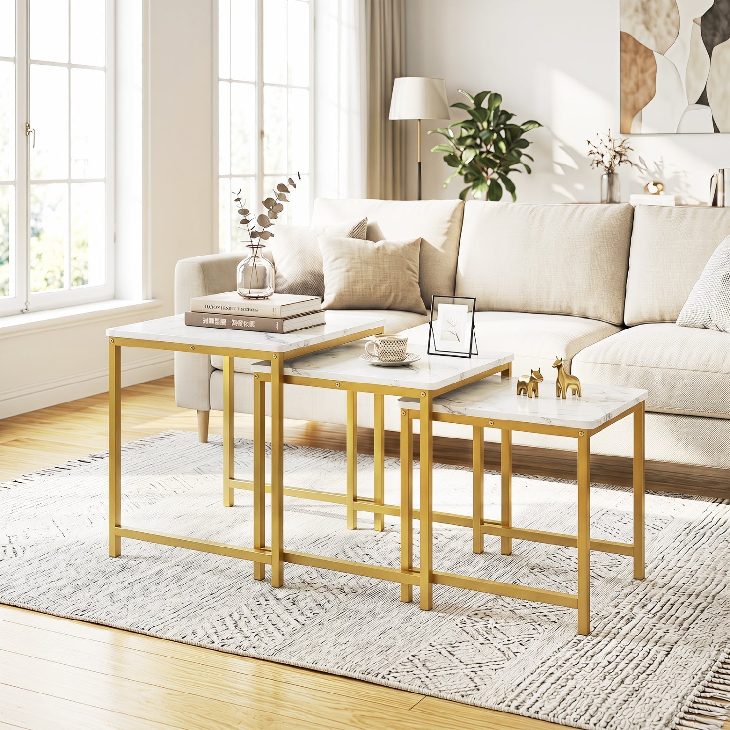 Nesting Tables Set of 3 with Faux Marble Top and Metal Frame