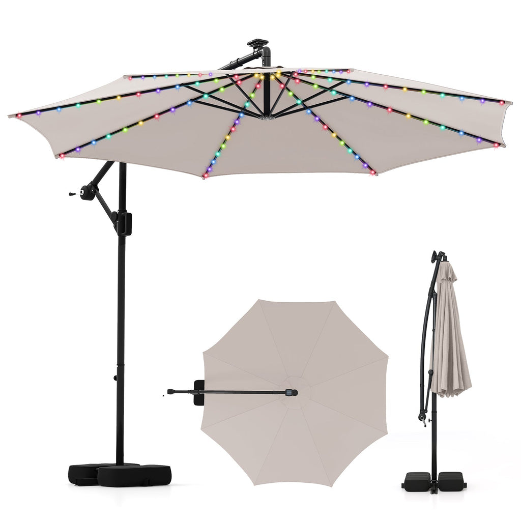10 Feet Solar Offset Hanging Umbrella with Base and LED Lights