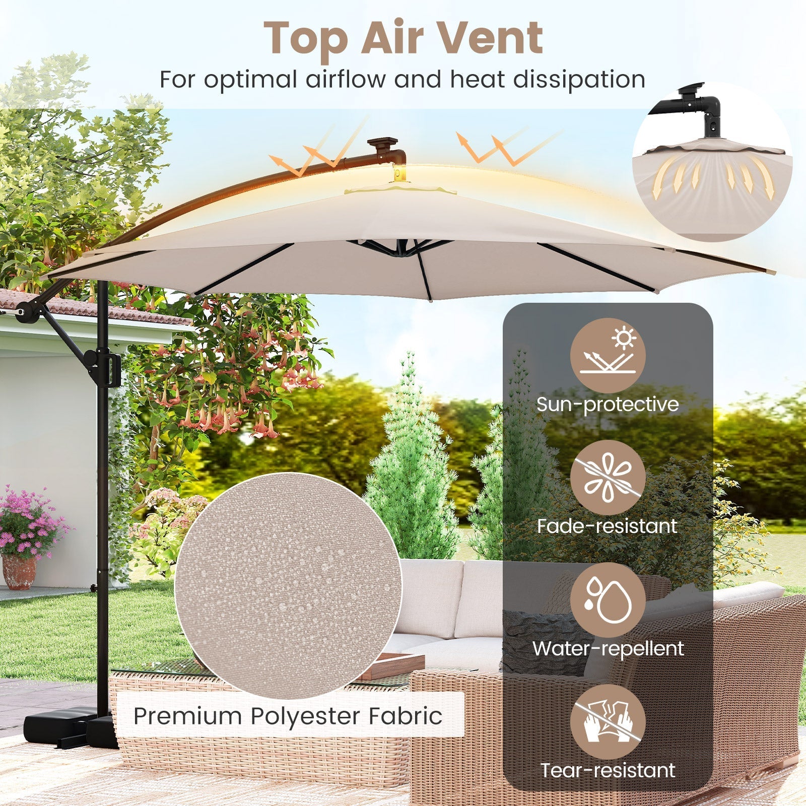 10 Feet Solar Offset Hanging Umbrella with Base and LED Lights