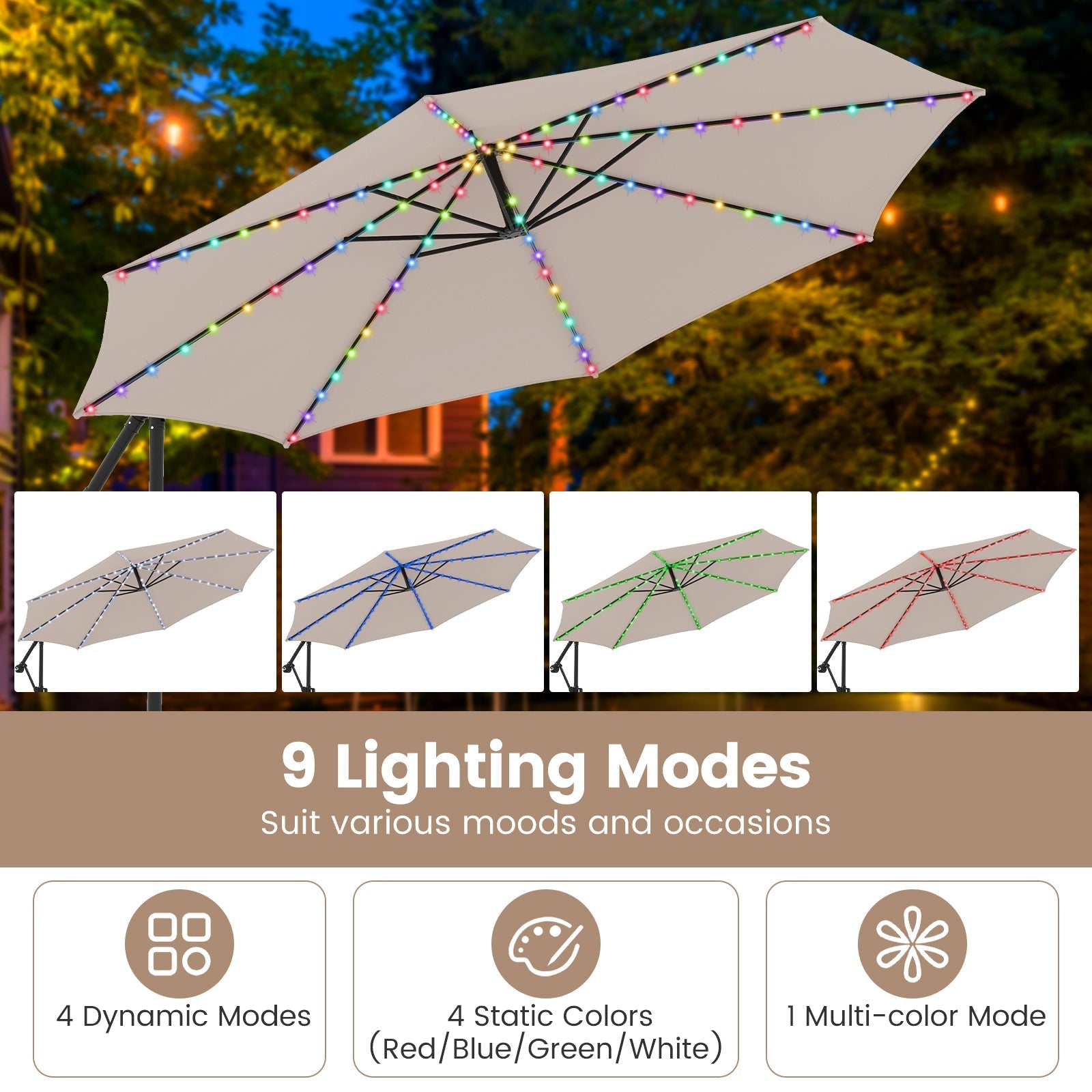 10 Feet Solar Offset Hanging Umbrella with Base and LED Lights