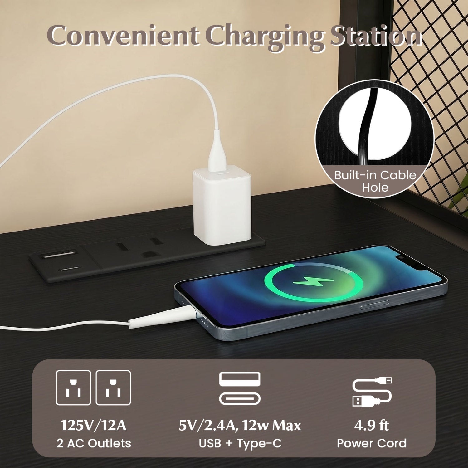 Mobile File Cabinet with Charging Station on Wheels