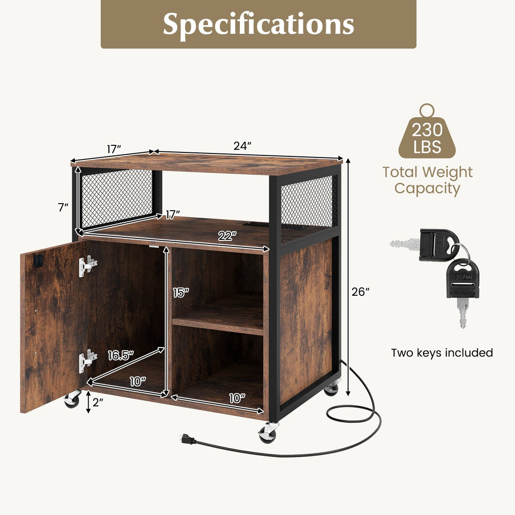 File Cabinet on Wheels with Charging Station and Cable Management Hole