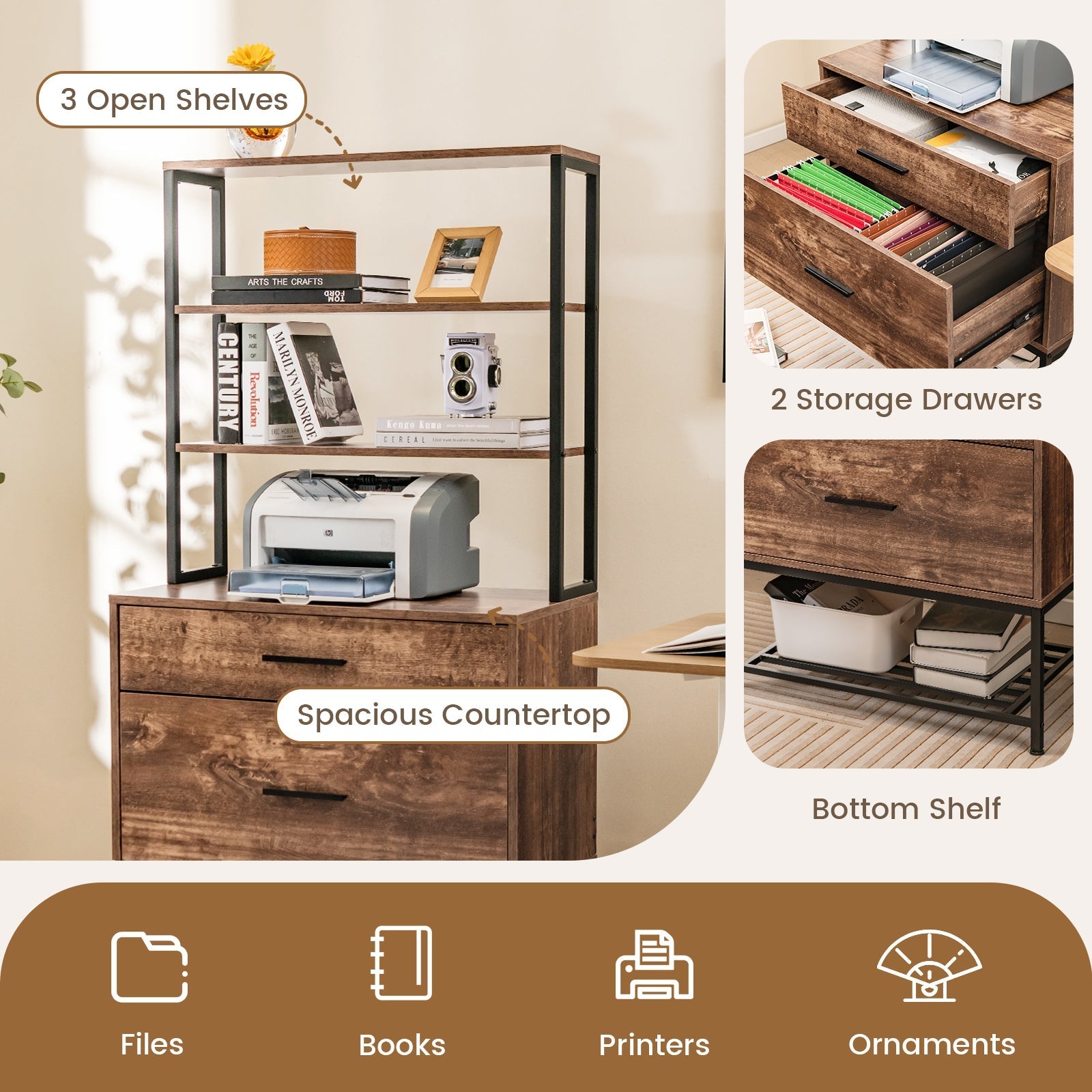 Freestanding File Cabinet with Charging Station and 3-Tier Open Shelves