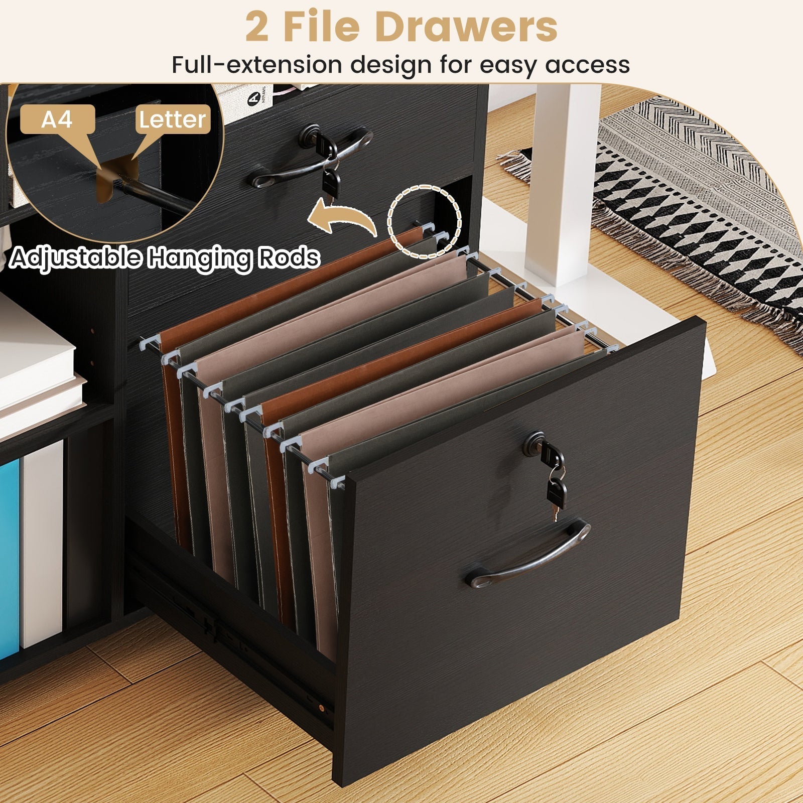 File Cabinet with Lock Mobile Lateral Filing Storage Organizer Modern Rolling Printer Stand