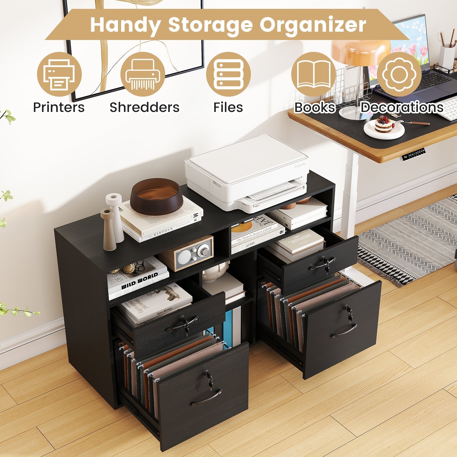 File Cabinet with Lock Mobile Lateral Filing Storage Organizer Modern Rolling Printer Stand