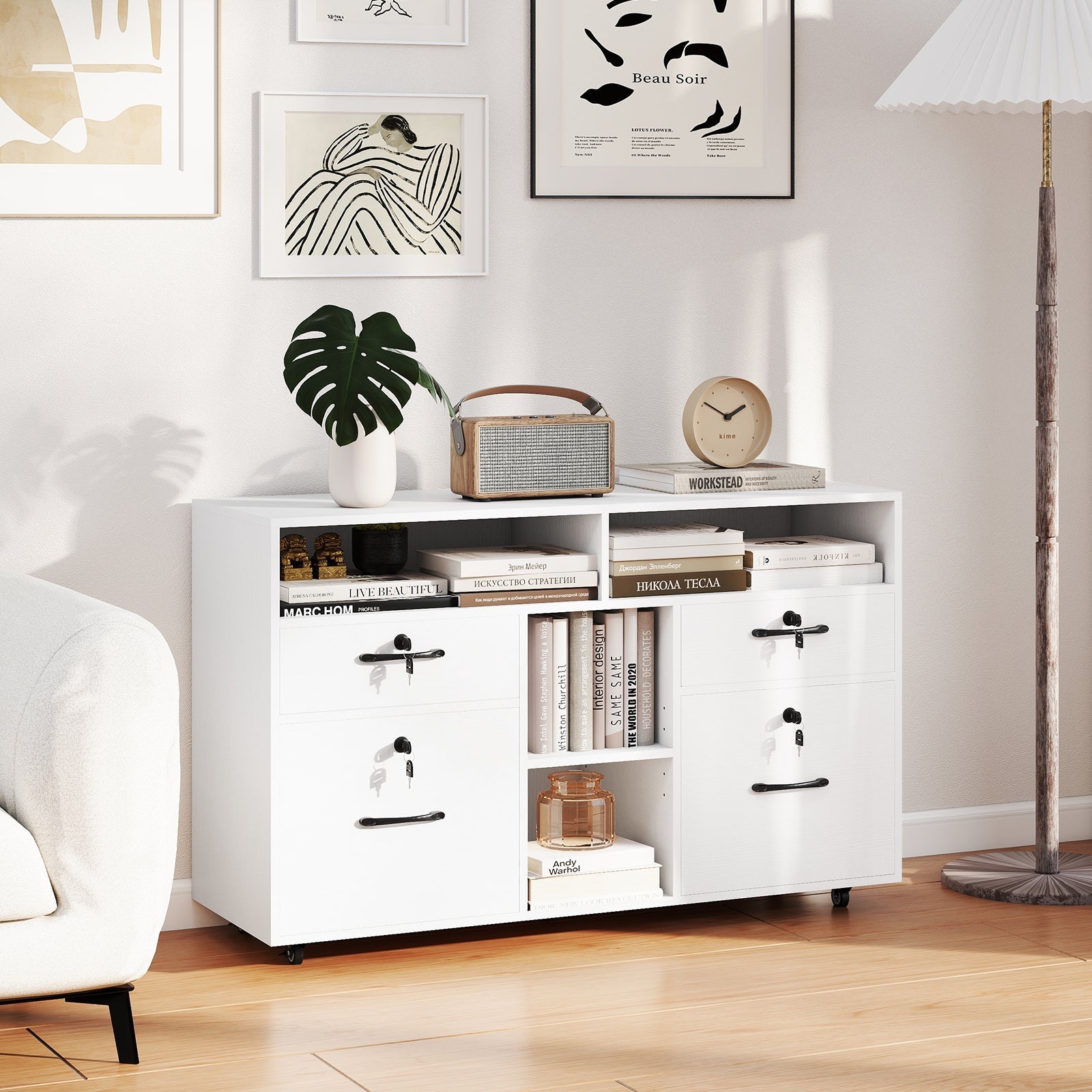 File Cabinet with Lock Mobile Lateral Filing Storage Organizer Modern Rolling Printer Stand
