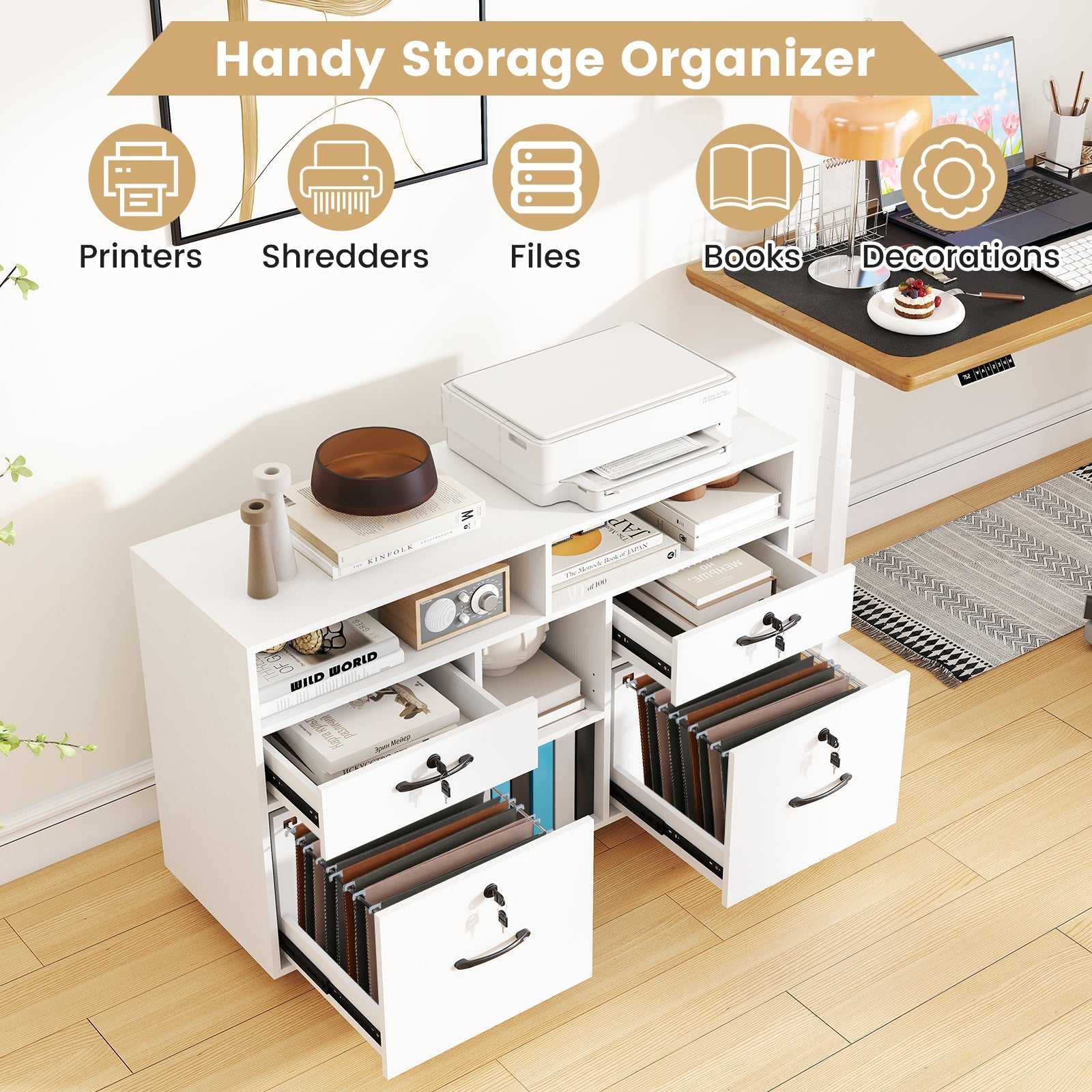 File Cabinet with Lock Mobile Lateral Filing Storage Organizer Modern Rolling Printer Stand