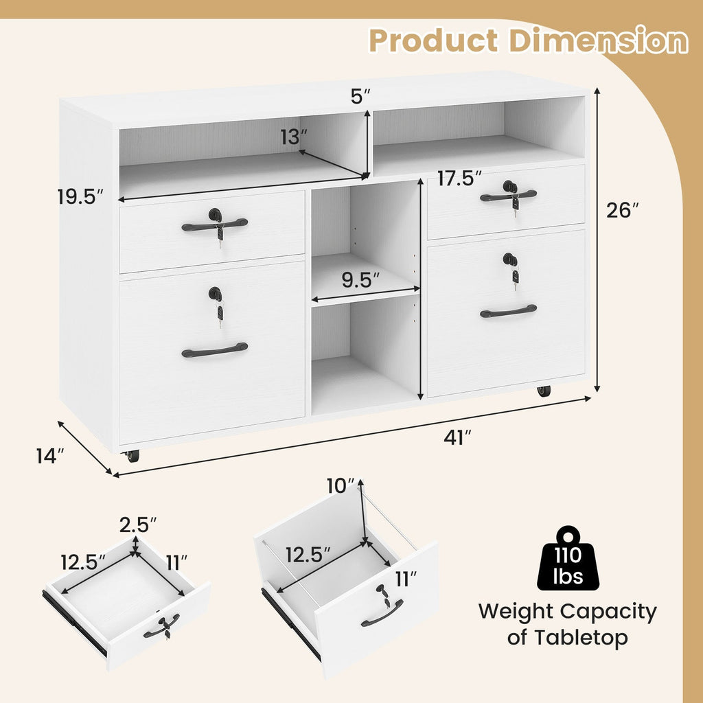 File Cabinet with Lock Mobile Lateral Filing Storage Organizer Modern Rolling Printer Stand