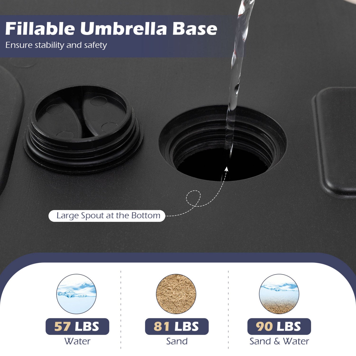 Fillable Umbrella Base 90 LBS Heavy Duty with 2 Wheels-Black