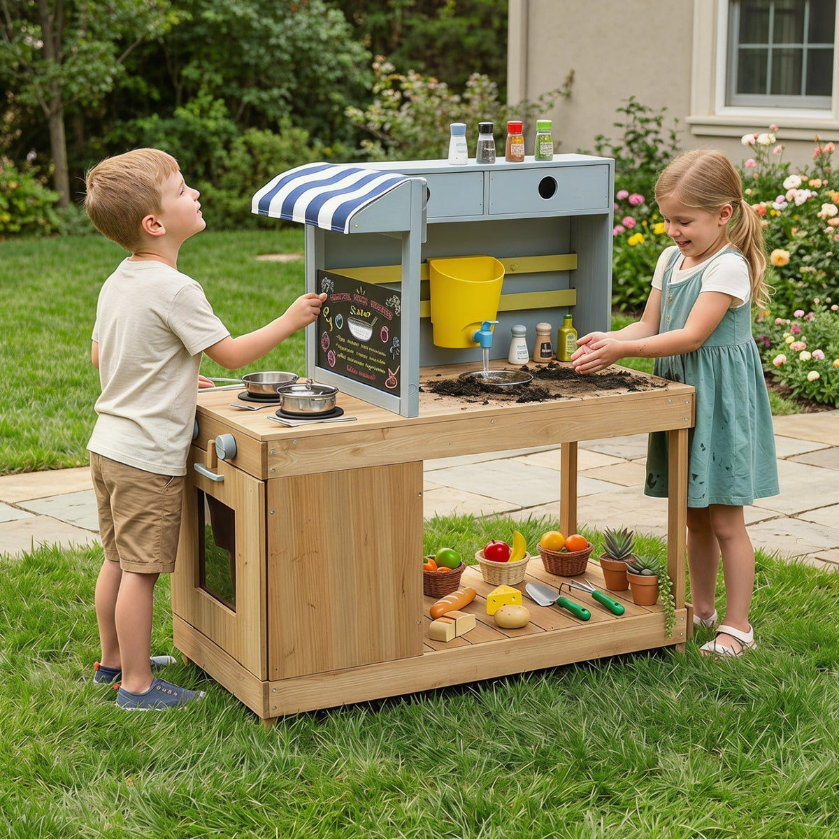Kids Wooden Mud Kitchen Playset with Canopy and Faucet
