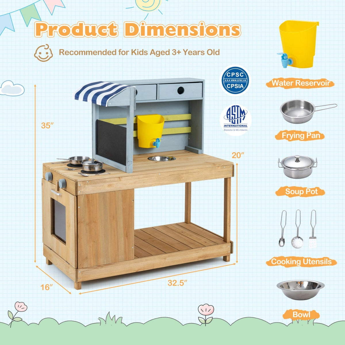 Kids Wooden Mud Kitchen Playset with Canopy and Faucet