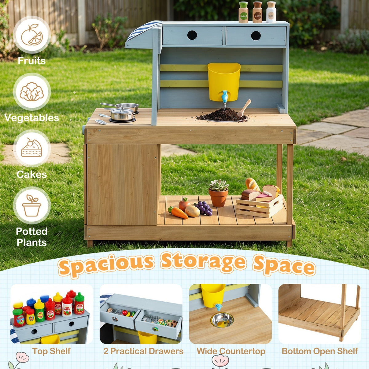 Kids Wooden Mud Kitchen Playset with Canopy and Faucet